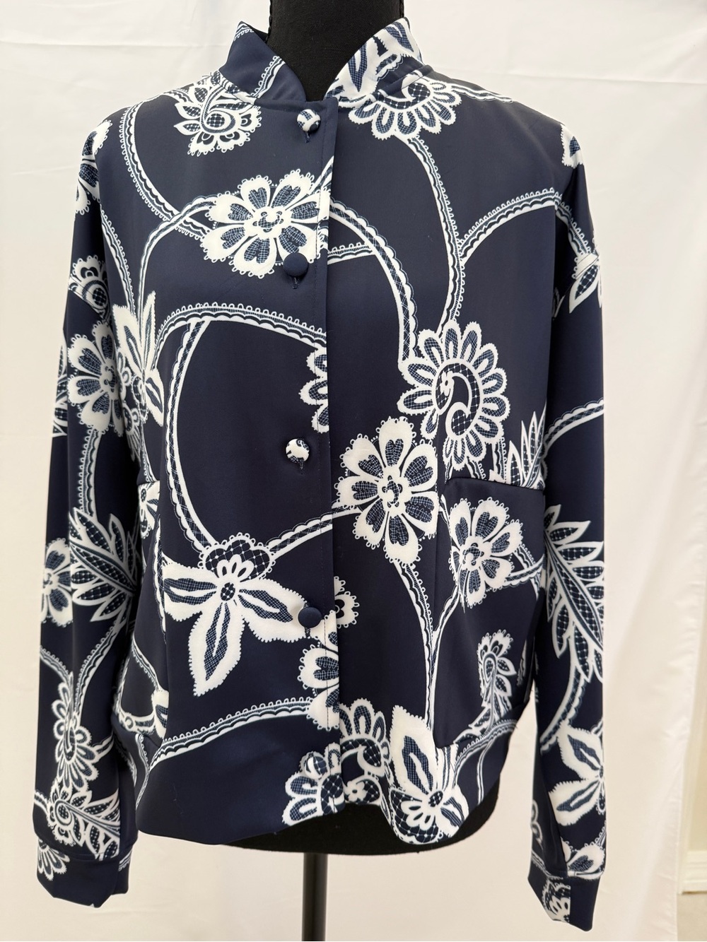 Fever Women Long Sleeve Navy & White Floral Blouse/jacket Top Button Size L